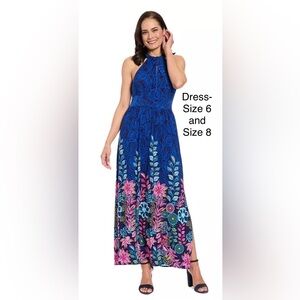 London Times Shirred Halter Keyhole Floral Maxi Dress